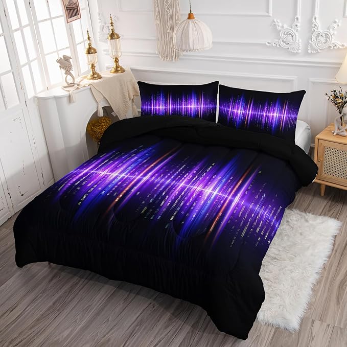 Geometric Stripes Comforter Set Purple Gradient Lines Printed Bedding Set with 1 Comforter and 2 Pillowcases for Boys and Girls Bedroom All Season(Line Full) - Image 3