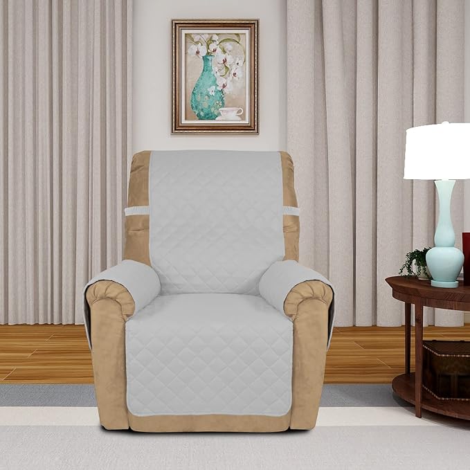 PureFit Reversible Recliner Chair Covers Couch Covers for Dogs, 19 in | Light Gray/Ivory, Water Resistant Couch Protector, Washable Pet Couch Cover with Non Slip and Elastic Straps For Kids - Image 2