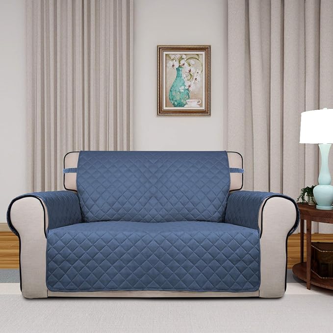 PureFit Reversible Quilted Couch Covers for Dogs Loveseat Sofa Cover 46.5” | Dark Blue/Light Blue, Water Resistant Couch Protector, Washable Pet Couch Cover with Non Slip and Elastic Straps For Kids - Image 2