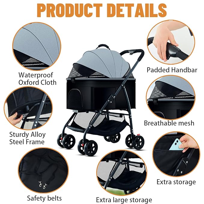 3-in-1 Pet Dog Stroller, Dog Wagon with Removable Carrier, Cat Stroller for Medium Dogs Up to 55lbs (Grey)