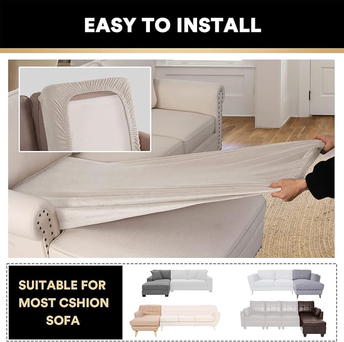 PrinceDeco Sectional Couch Covers Velvet Couch Cover for Dogs Washable L Shaped Couch Cover 1 Piece Individual Sectional Couch Covers with Elastic Bottom(Chaise Lounge,Ivory) - Image 6