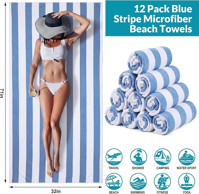 Frienda 12 Pack Blue Striped Beach Towels 71''x 32'' Large Microfiber Quick Dry Absorbent Bath Towels for Swimming Pool Beach Cruise Travel Gym Supplies - Image 2