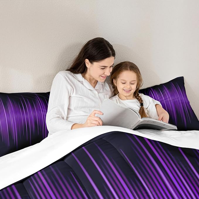 Geometric Abstract Stripes Kids Comforter Set Queen Size,Purple Gradient Lines Bedding Set,Boys Girls Adults Bedroom Decor,Modern Stylish Down Comforter,Black Simple Duvet Insert,3pcs,2 Pillowcases - Image 2
