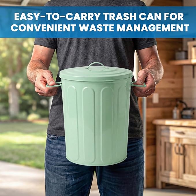 Plexon 5 Gallon Small Metal Trash Can with Lid Outdoor Galvanized Steel Bucket with Lid 5 Gal Storage Can for Dog Food Bird Seed Storage Container, Green 2 Pack - Image 4