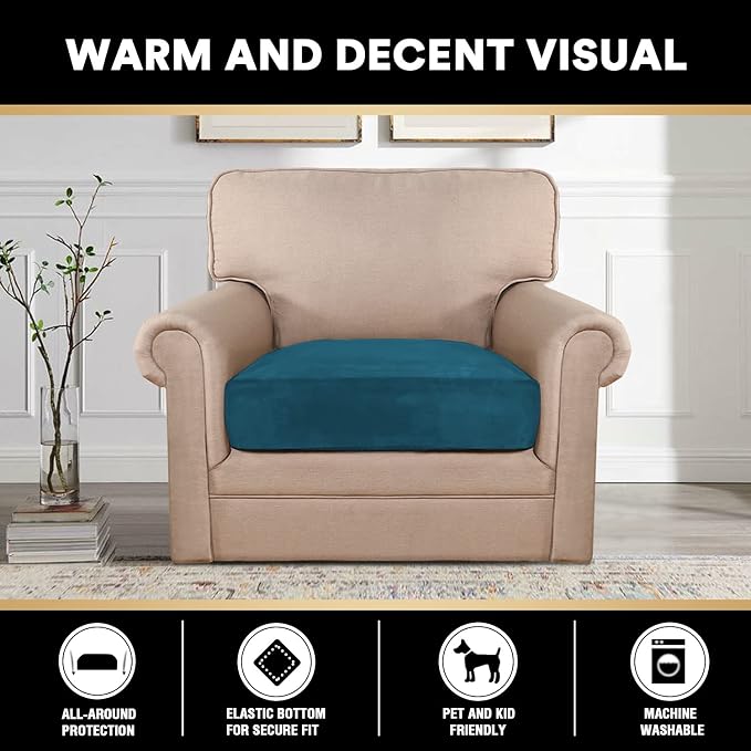 PrinceDeco Couch Cushion Cover Cushion Slipcover for Chair Sofa Cushion Furniture Protector Seat Cushion Sofa Cover for Dog Pet Kid with Elastic Straps Width Up to 29.5", Deep Teal - Image 3