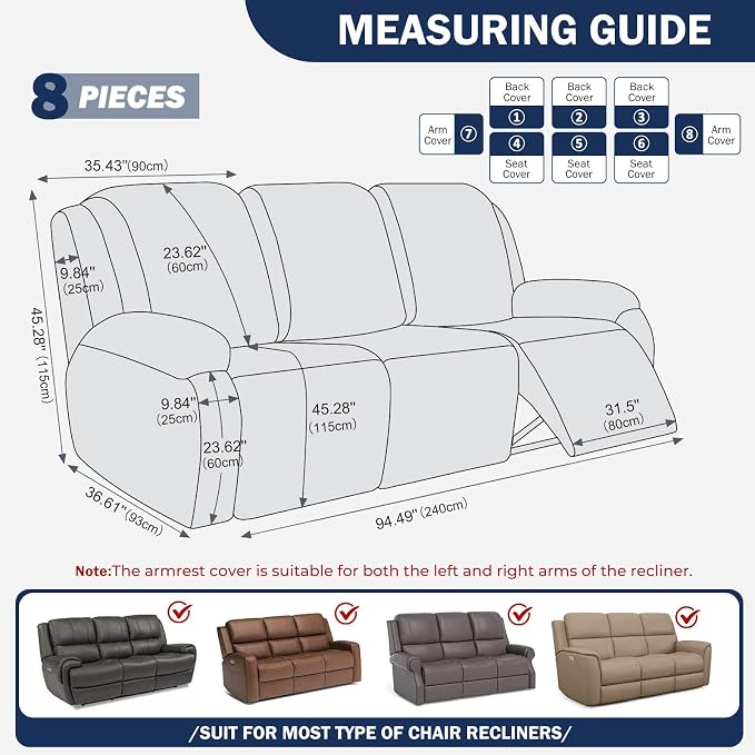 vctops Diamond Recliner Sofa Covers 8-Pieces Stretch Large Couch Covers for 3 Seats Reclining Slipcovers Soft Solid Furniture Protector (Navy,3 Seat) - Image 2