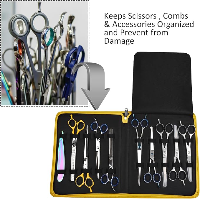 Leather Shear Cases for Hairstylist Holds 10 Grooming or Beauty Shears, Shear Holder (YELLOW) - Image 2