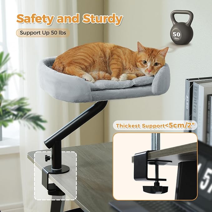 PAWZ Road Cat Desk Bed for Indoor Cats, Cat Bed for Desk Supports Up to 50 lbs, 360° Rotation & Adjustable, Nest Desktop Attachment Cats Hammock for Table, Gray - Image 5