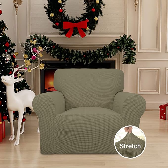 Easy-Going Stretch Chair Slipcover with Arm Washable Khaki | 1-Piece Couch Sofa Cover Furniture Protector for Living Room Soft with Bottom For Kids, Pet. Spandex Jacquard - Image 2