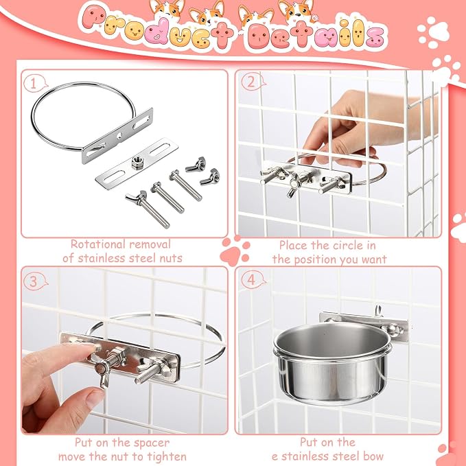 Silkfly 14 Pack Stainless Steel Hanging Dog Crate Bowls, Non-Spill Kennel Food & Water Bowls with Screw Clamp Holders, Removable, Easy to Clean Metal Cage Feeder for Pets(29 oz) - Image 4