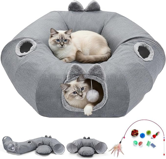 Linen Cat Tunnels with Central Cat Bed, Interactive Cat Toys Detachable Washable Soft Mat Large Indoor Play Tunnel Cave for Kittens and Small Animals by Odoland