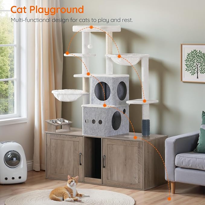 HOOBRO Cat Tree with 47.2" Dual Litter Box Enclosure, 63.4" Tall Multi-Functional Tower for Cats, Hidden Litter Box Enclosure Furniture, with Feeding Bowls, Scratching Posts, Hammocks, Greige BG23MZ03 - Image 2