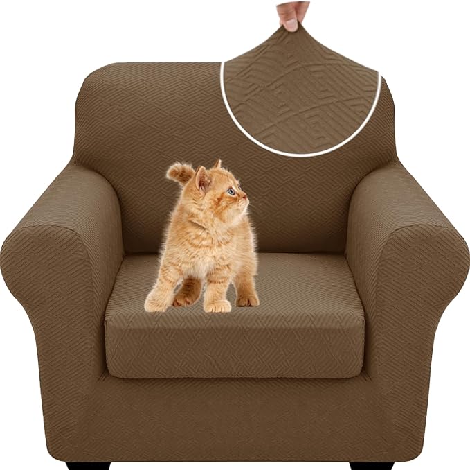 XINEAGE New 2 Pieces Chair Covers with Arms Super Stretch Chair Slipcover for Living Room Pet Dog Universal Slip Cover Anti Slip Armchair Furniture Protector (Brown), 31"-46"(1 Cushion) by XINEAGE