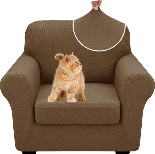 XINEAGE New 2 Pieces Chair Covers with Arms Super Stretch Chair Slipcover for Living Room Pet Dog Universal Slip Cover Anti Slip Armchair Furniture Protector (Brown), 31"-46"(1 Cushion) by XINEAGE