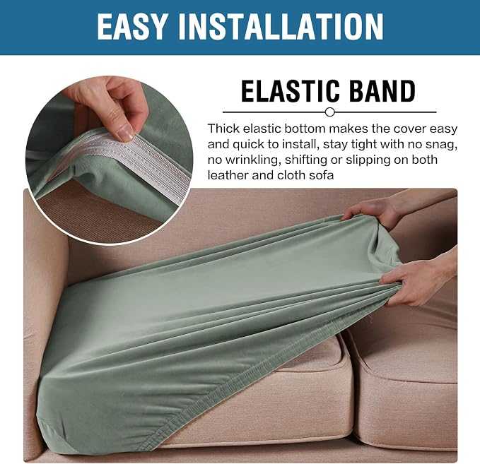 H.VERSAILTEX Velvet Stretch Couch Cushion Cover Plush Cushion Slipcover for Chair Loveseat Sofa Cushion Furniture Protector Seat Cushion Sofa Cover (3 Piece Sofa Cushion Covers, Sea Grass) - Image 4