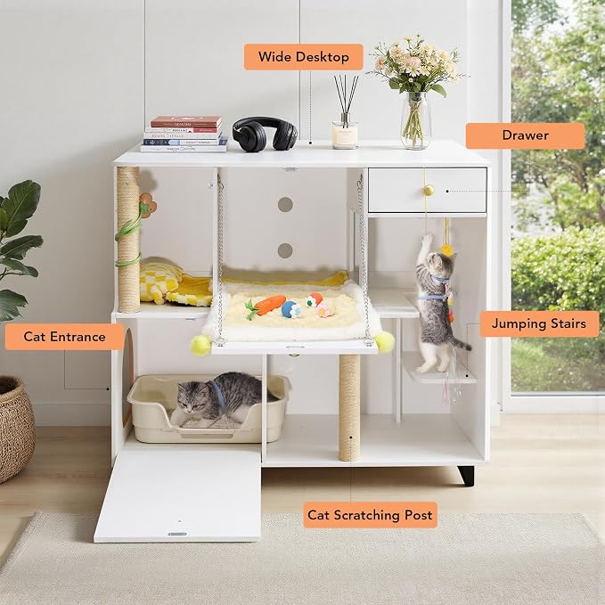 41.3"x19.7"x36.2" Double Cat Litter Box Enclosures，Hidden Litter Box Furniture with Built-in Outlet-Multi-Level 2 Cats with Scratching Post and Storage, Dual cat Litter Cabinet for 2 Litter Boxes - Image 3