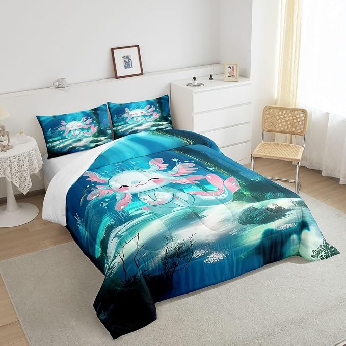 Manfei Cartoon Axolotl King Size Comforter Set 3 Pcs,Kawaii Ocean Animal Marine Life Down Alternative Bedroom Decor,Undersea Coral Plants Watercolor Teal Microfiber Inner Fill Bedding Set - Image 4