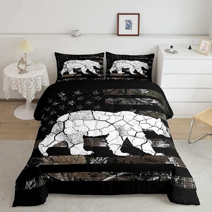 Manfei Wild Bear Down Comforter Set Full Size,Wildlife Animal Camo Rustic Style Duvet/Quilt Set Soft Bed Collection Black Stripes Branch American Flag Bedding Comforter for Boys Girls Bedroom,3 Pcs by Manfei
