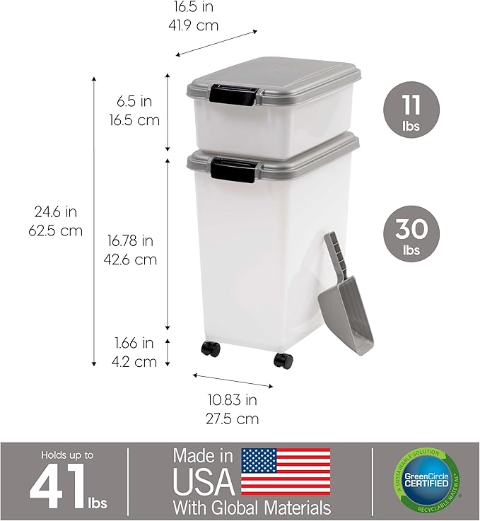 IRIS USA 30 lbs & 11 lbs Combo Airtight Dog Food Storage Container, Stackable Treat Box, 2-Cup Scoop, Wheels, Keep Fresh, Easy Mobility, Silver - Image 3