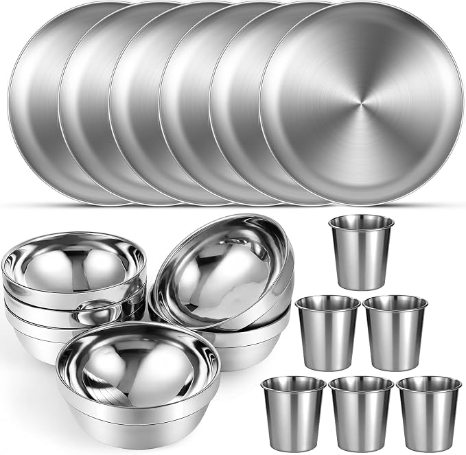 Sunnyray 6 Sets Stainless Steel Plates Bowls and Cups 304 Metal Camping Stainless Steel Dinnerware for Serving Reusable Double Walled Insulated Plates Bowls and Cups for Rice Ice Cream by Sunnyray