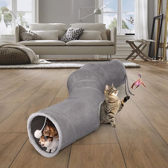 Ownpets S-Shape Cat Tunnel Toy 48"L x 10"D, for Cats, Puppies & Small Pets | Collapsible for storage, tear-resistant oxford fabric, connects to other tunnel, with peek hole, feather wand, indoor/outdoor - Image 4