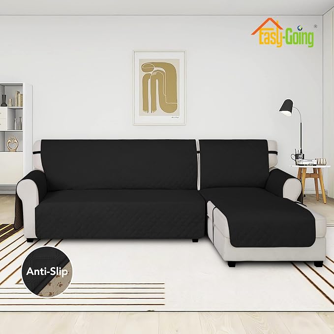 Easy-Going Waterproof Sectional Couch Covers with Chaise 2-Piece Non Slip L Shape Sofa Cover for Dogs Leakproof Furniture Protector Cover with Adjustable Strap for Pets (Small, Black) - Image 2