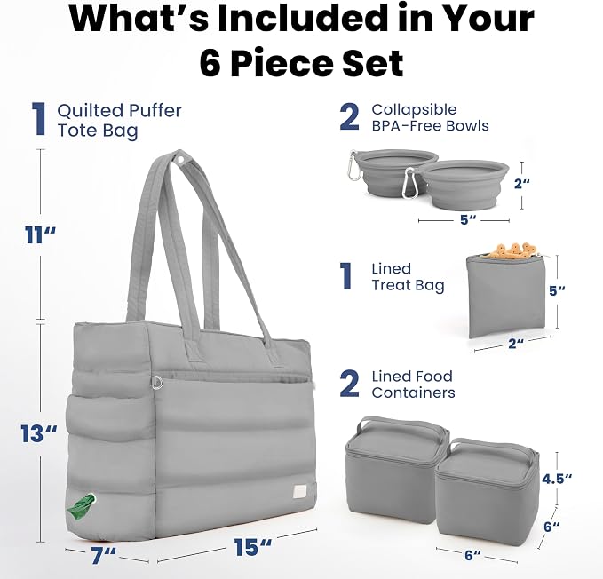 Rubyloo Puffer Dog Travel Bag for Dog Moms, Diaper Bag with Travel Bowls | 2 BPA-Free Collapsible Bowls, 2 Pet Food Containers, 9 Pockets, Everyday Puffer Bag Works With or Without Your Dog, Grey - Image 3