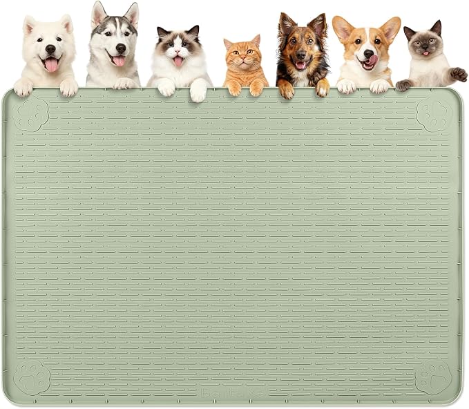 Dog Food Mat 70''x45'' Extra Large Dog Mat for Food and Water, Green | Silicone Dog Bowl Mat with Raised Edge, Waterproof Non-Slip Pet Feeding Mat for Floors, fit for Dog Cat Bowls by Bartuke