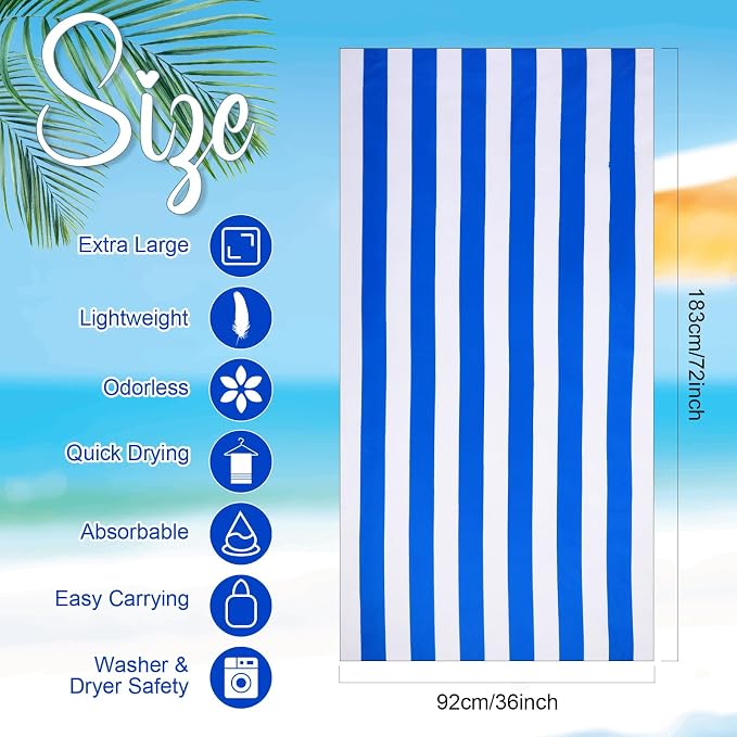 EBOOT 10 Pack Oversized Beach Towel Set Extra Large Pool Towels Microfiber Quick Dry Swim Blanket for Adult Women Men Face Hand Body Bath Travel Pool(Plain Color,36 x 72 Inch,Cabana Stripe) - Image 2