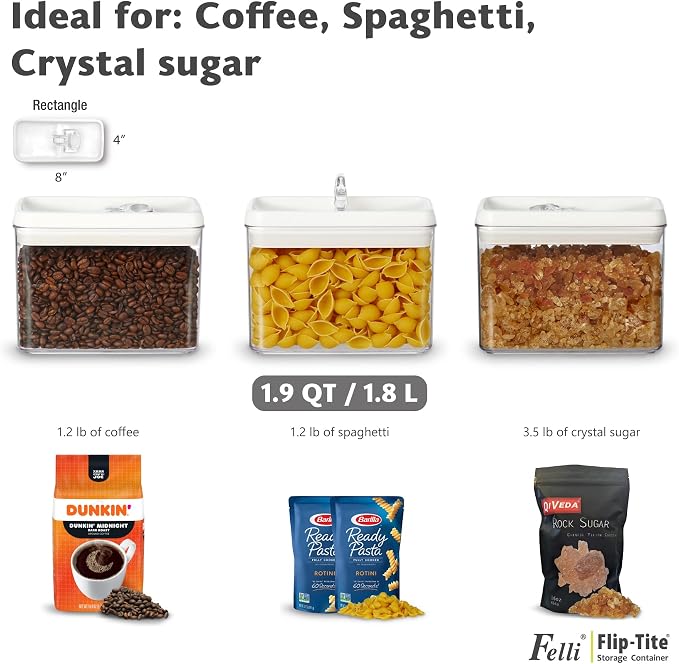 Felli Flip Tite Storage Container with Lid 4” RECTANGULAR Airtight Ring Flip Top, Stackable Kitchen Counter Pantry Organizer Acrylic Canister Jar for Pasta Spaghetti Cereal Granola Coffee (1.9qt) - Image 6