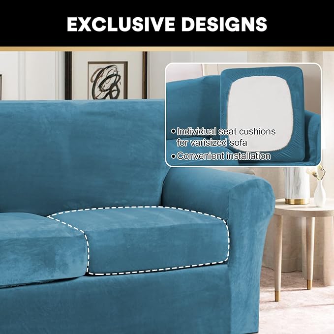 PrinceDeco Velvet Couch Covers for Sofa Soft 4 Pieces Couch Covers for 3 Cushion Couch Sofa Pet Friendly Furniture Protector with Non Slip Elastic Bottom Width Up to 90 Inch (Large, Blue) - Image 5