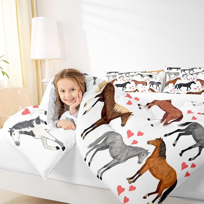 Erosebridal Kawaii Comforter Horse Comforter Set Queen Farm Bedding Set Kids Boys Girls Cute Animal Duvet Set Cartoon Horses with Pink Lover Heart Room Decor Duvet Set Cowboy Cowgirls Comforter Set - Image 6