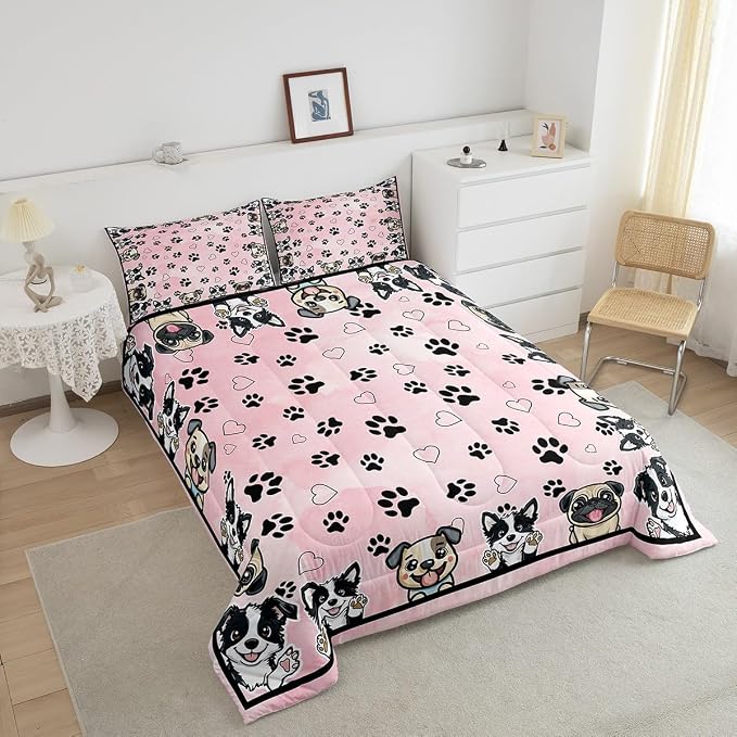 Manfei Cute Dog Paw Comforter Set,Cartoon Puppy Pet Animal Lover Bedding Set for Teens Young Room,Dogs Footprint Love Hearts Kawaii Pink Quilt Set 3 Pcs with 2 Pillowcases,Full - Image 2