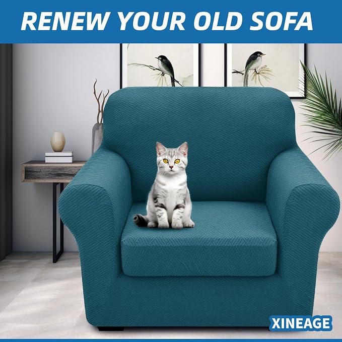 XINEAGE New 2 Pieces Chair Covers with Arms Super Stretch Chair Slipcover for Living Room Pet Dog Universal Slip Cover Anti Slip Armchair Furniture Protector (Peacock Blue), 31"-46"(1 Cushion) - Image 4