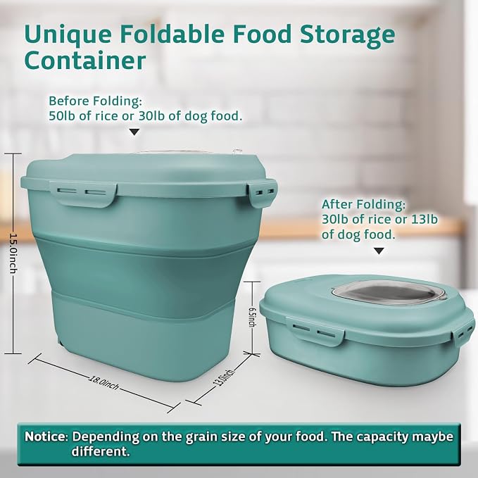 Komzon Rice Storage Bin Cereal Containers, 13-50lb Collapsible Rice Container Dispenser with Transparent Lid, Rolling Wheels, Measuring Cup and Scoop, Airtight Dog Cat Pet Food Storage Container Green - Image 5