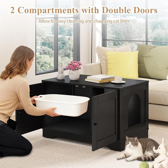 Tangkula Cat Litter Box Enclosure, Wooden Kitty Washroom Cabinet w/Winding Entry & Cat Hole, with Divider, Hidden Double Enclosed Litter Box Furniture for Living Room, Bedroom, Entryway (Black) - Image 6