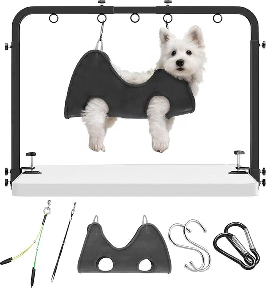 Dog Grooming Arm for Table, 42" H, 27-39" W with Hammock & 2 No-Sit Loops | Adujustable, Heavy Duty, Portable Pet Grooming Station with clamp for Nail Trimming, Cats & Dogs at Home by Josmimic