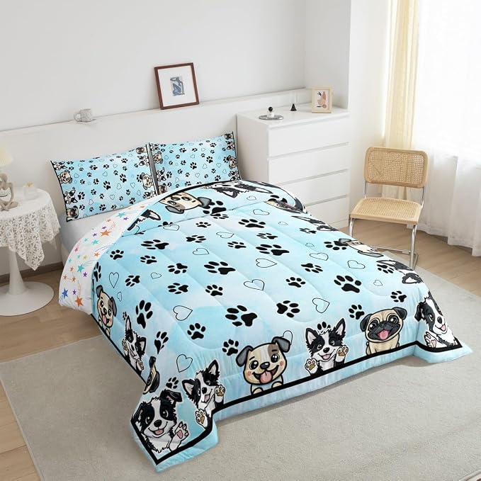 Manfei Cute Dog Paw Comforter Set Queen Size 3 Pcs,Kawaii Dogs Footprint Love Hearts Bedding Set,Cartoon Puppy Pet Animal Lover Blue Quilt Set for Young Adults,2 Pillowcases - Image 4