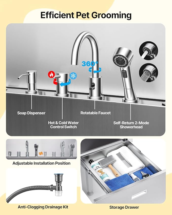 VEVOR Professional 304 Stainless Steel Dog Bathing Station, 50 inch Pet Grooming Tub w/Anti-Slip ramp, Storage Drawer, Cold Hot Faucet Showerhead, for Large & Medium & Small (Right Door, with Drawer) - Image 8
