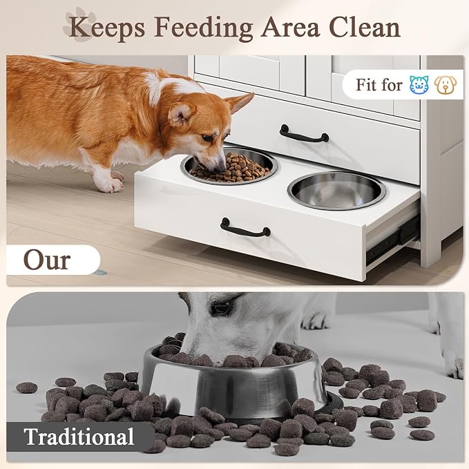 Rovibek Dog Feeding Station with Storage Cabinet - Elevated Dog Bowls with Storage Drawers, Pet Storage Cabinet with Leash Hooks, Pet Organizers for Food & Supplies - Image 3