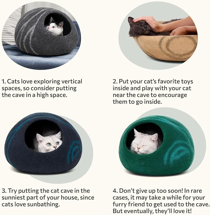 MEOWFIA Cat Cave – Premium Felt Cat Bed for Indoor Cats, Handmade 100% Merino Wool, Cat (Large, Black Aqua) (Pack of 2) - Image 6