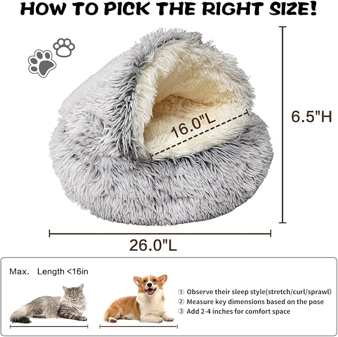 ShinHye Plush Fluffy Hooded Cat Bed Cave, Cozy for Indoor Cats or Small Dogs - Waterproof, Washable, 26x26Inch, Grey - Image 2