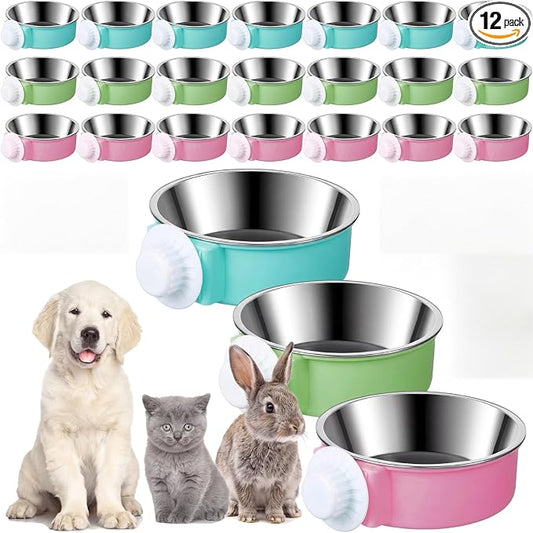 Mimorou 12 Pcs Crate Bowls Bulk Puppy Dog Bowls for Kennel Removable Stainless Steel Crate Water Bowl Kennel Hanging Food Feeders Coop Cup for Cat Puppy Rabbit Birds Ferret Guinea Pigs by Mimorou