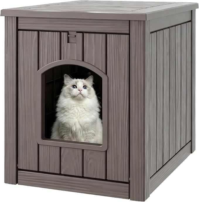 Cat Litter Box Enclosure, Plastic Hidden Litter Box Side Table with Openable Front Door, Cat Box Enclosure Cabinet for Indoor & Outdoor Use, Weatherproof, Easy to Clean & Assemble, Grey by KFY