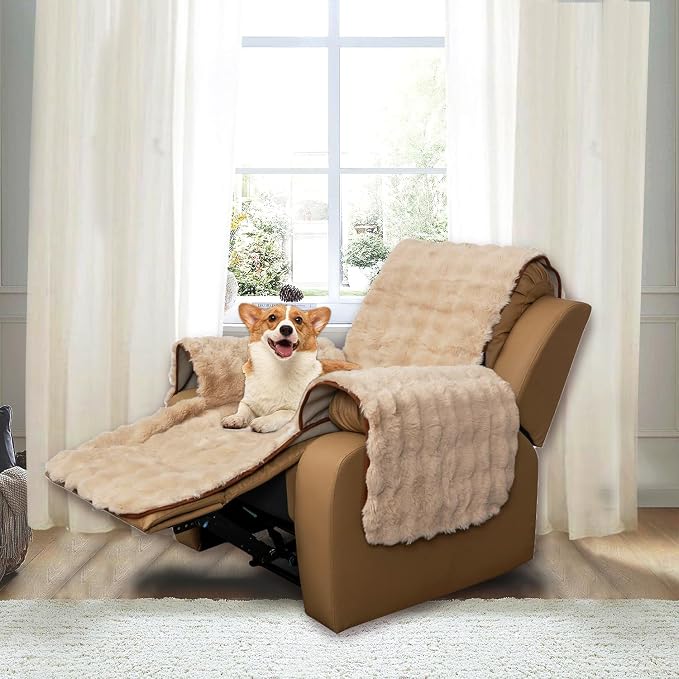 Plush and Fuzzy Shaggy Couch Cover, Dog Pad Faux Fur Sofa Cover, Water Resistant Slipcover, Non-Slip Furniture Protector for Kids,Dogs,Cats.(Light Brown-Bubble, Medium Recliner) - Image 2