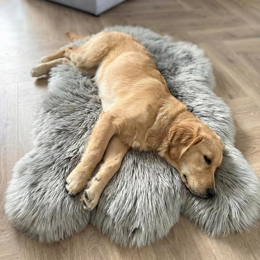 Faux Fur Orthopedic Dog Bed, Memory Foam, Grey 40"x25" | Plush Washable Dog Rug with Waterproof Machine Washable Cover, Calming for Anxious Senior Dogs, Relieves Joints by iHappyDog