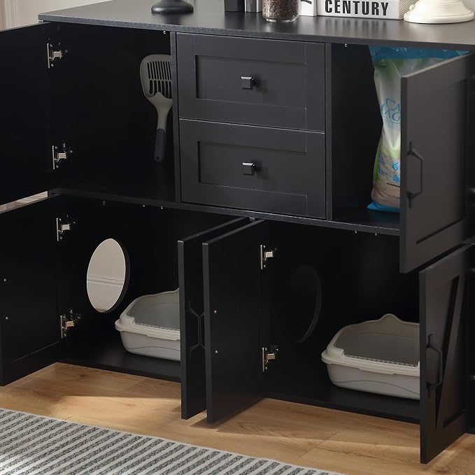 Forest Gravity Large Dog-Proof Double Cat Litter Box Enclosure with Storage for 2 Cats,Cat Washroom Cabinet with 2 Drawers,47.6'' Modern Dual Litter Box Furniture Cabinet with Compartments,Black - Image 8