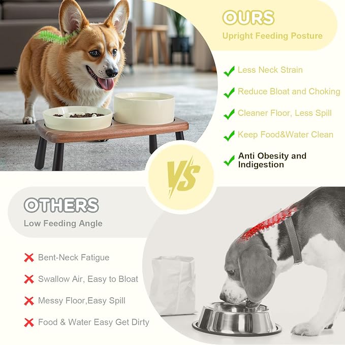 SPUNKYJUNKY Ceramic Elevated Dog Bowls with Slow Feeder Raised with Acacia Bamboo Wooden Stand, 6.1'' Dog and Cat Food Water Bowls Set Non-Slip for Small Medium Sized Breed - Beige - Image 3