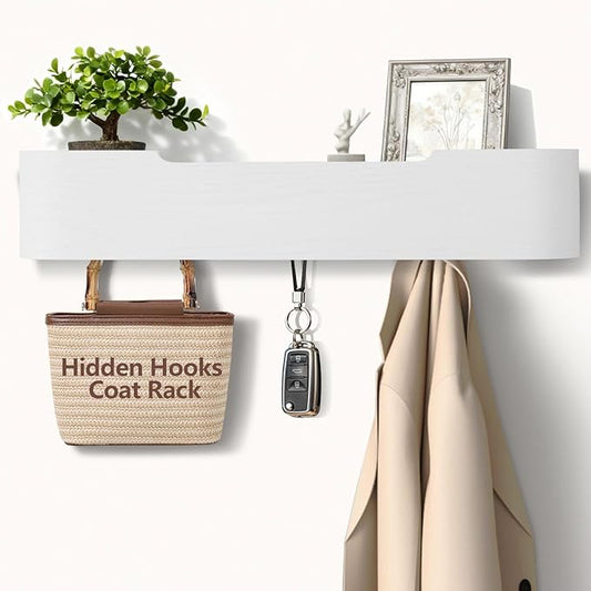 Coat Rack Wall Mount with Hidden Hooks Modern Key Holder Wood Entryway Hook with Shelf for Bedroom Kitchen Hallway Bathroom Designed for Hanging Coats Hats Bags Towels Dog Leashe(White,5 Hooks) by Jadoxy