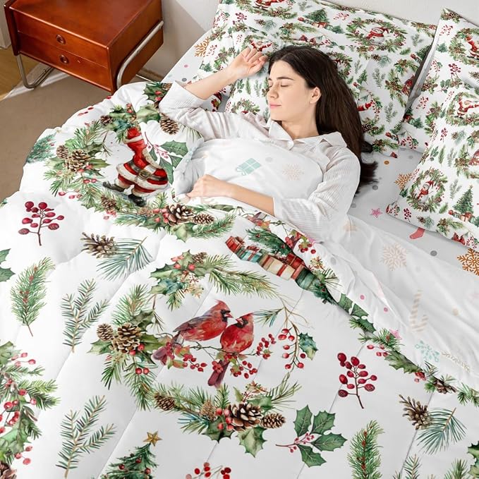 Erosebridal Merry Christmas King Comforter Set with Sheets 7 Piece Red Green Xmas Cardinal Bed in A Bag Xmas Snowman Santa Claus Bedding Sets for Teens Christmas Red Berry Branches Wreath Bed Set - Image 2